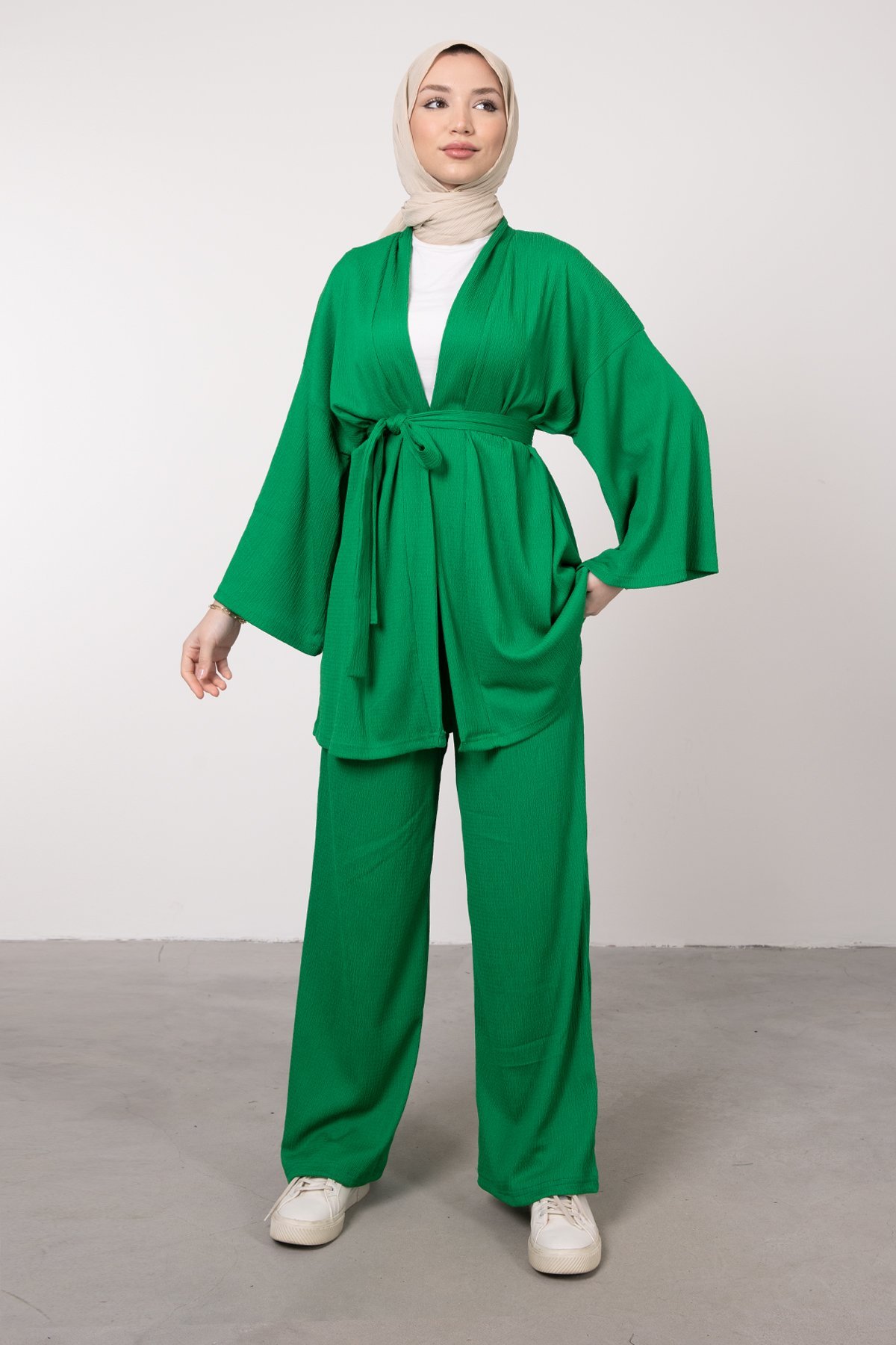 Kimono Rahat Kesim Örme Gofre Tesettür Takım Çim Yeşili