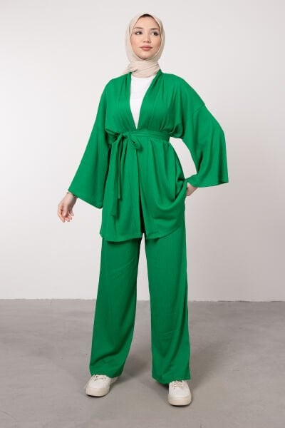 Kimono Rahat Kesim Örme Gofre Tesettür Takım Çim Yeşili