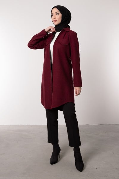 Boydan Fermuarlı Kaşe Tesettür Tunik Bordo