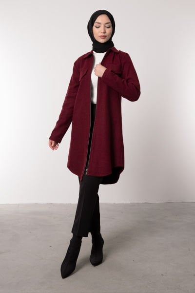 Boydan Fermuarlı Kaşe Tesettür Tunik Bordo