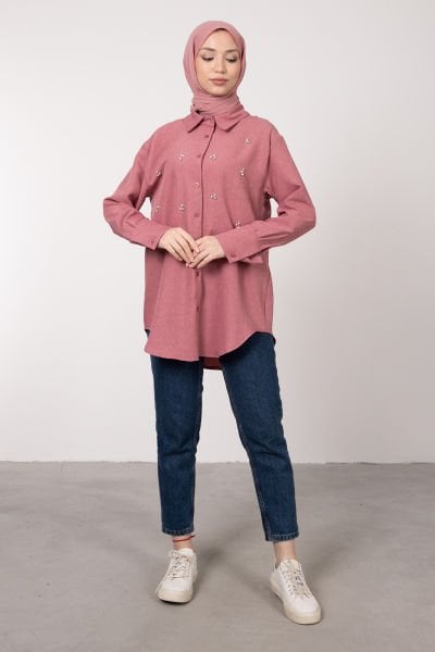 Kristal ve İnci İşlemeli Tesettür Tunik Pembe