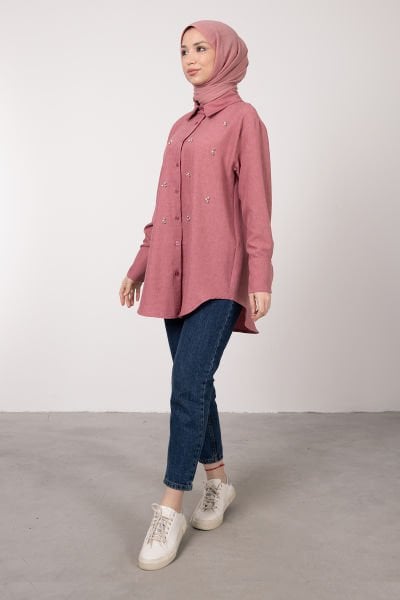 Kristal ve İnci İşlemeli Tesettür Tunik Pembe
