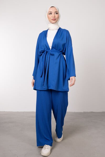 Kimono Rahat Kesim Örme Gofre Tesettür Takım Saks