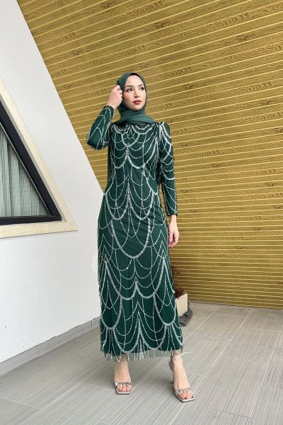 Ağ Desenli Simli Pırıltılı Tesettür Abiye Zümrüt