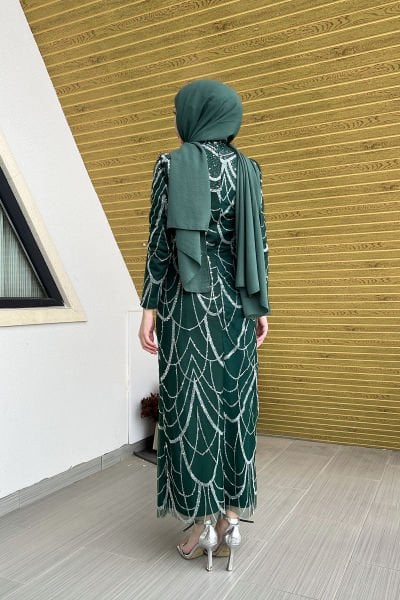 Ağ Desenli Simli Pırıltılı Tesettür Abiye Zümrüt
