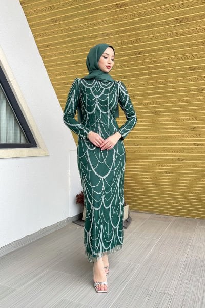Ağ Desenli Simli Pırıltılı Tesettür Abiye Zümrüt