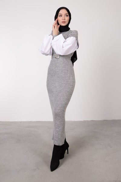 Kolları Poplin Boydan Örme Tesettür Triko Elbise Gri