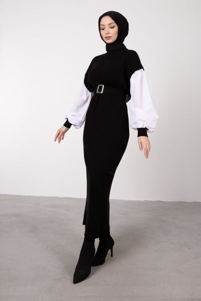Kolları Poplin Boydan Örme Tesettür Triko Elbise Siyah