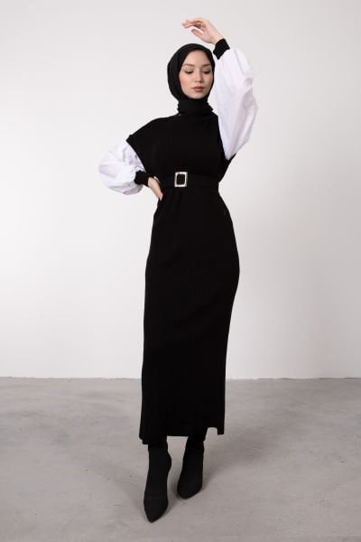 Kolları Poplin Boydan Örme Tesettür Triko Elbise Siyah