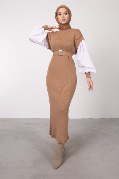 Kolları Poplin Boydan Örme Tesettür Triko Elbise Karamel