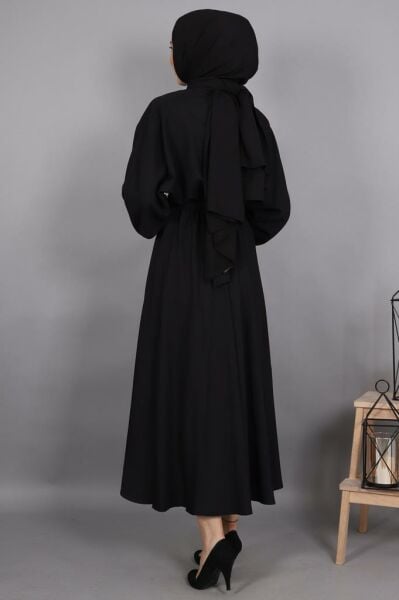 Beli Kemerli Bilek Boy Tesettür Elbise Siyah