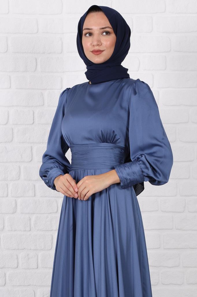 Bel ve Kol Detaylı Saten Tesettür Abiye Saks