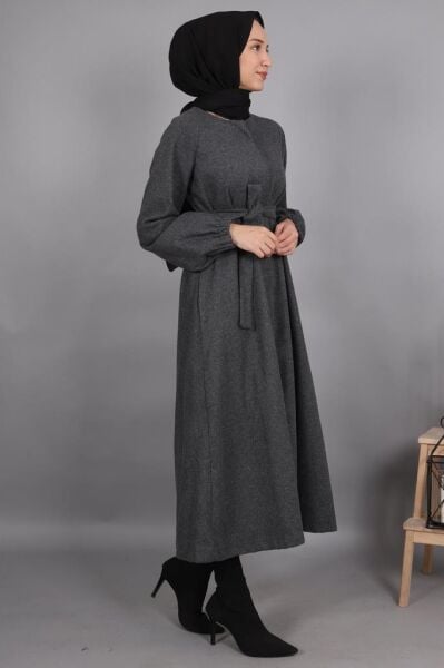 Beli Kuşaklı Kolları Büzgülü Kaşe Kap Füme