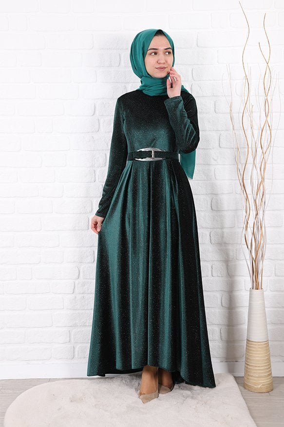 Simli Kadife Tesettür Abiye Yeşil