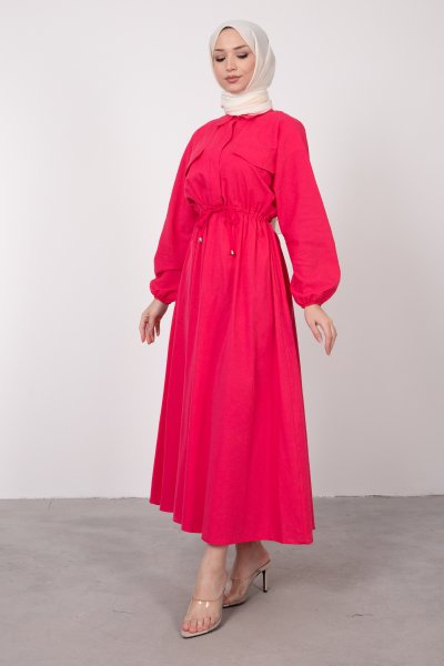 Beli Büzgülü Cep Detaylı Tesettür Elbise Neon Pembe