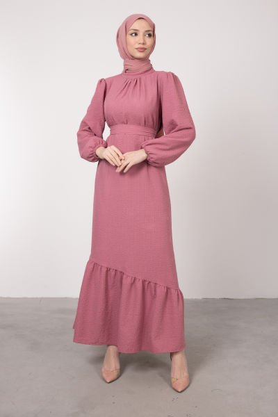Altı Asimetrik Fırfırlı Tesettür Elbise Pembe