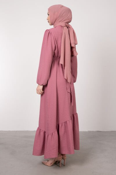 Altı Asimetrik Fırfırlı Tesettür Elbise Pembe