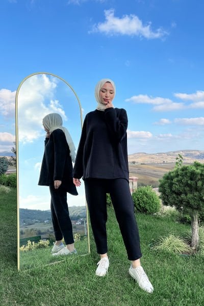 Sportfif Kesim Rahat Kalıp Tesettür Polar Takım Siyah
