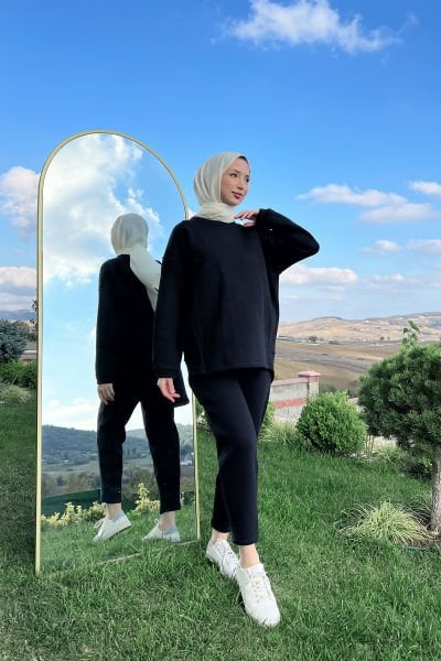 Sportfif Kesim Rahat Kalıp Tesettür Polar Takım Siyah