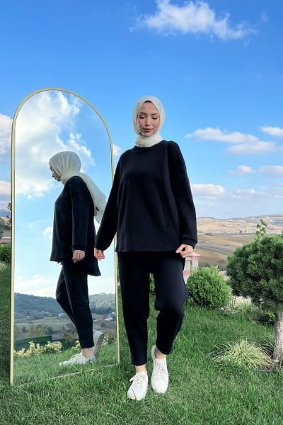 Sportfif Kesim Rahat Kalıp Tesettür Polar Takım Siyah