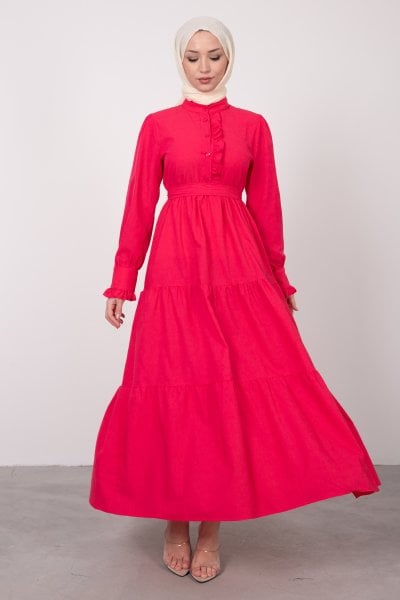 Yakası ve Manşeti Fırfırlı Tesettür Elbise Neon Pembe