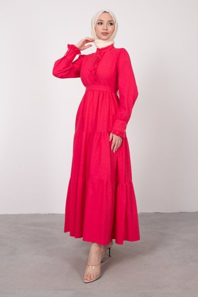 Yakası ve Manşeti Fırfırlı Tesettür Elbise Neon Pembe