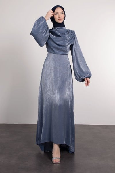 Önü Drape Detaylı Tesettür Abiye İndigo