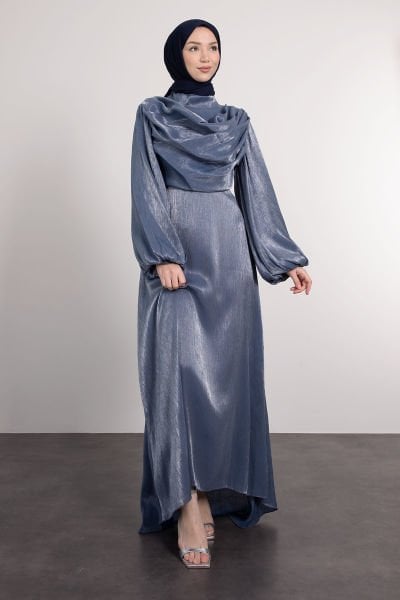 Önü Drape Detaylı Tesettür Abiye İndigo
