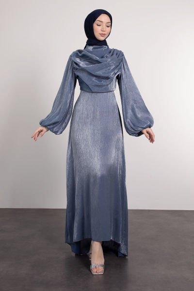Önü Drape Detaylı Tesettür Abiye İndigo