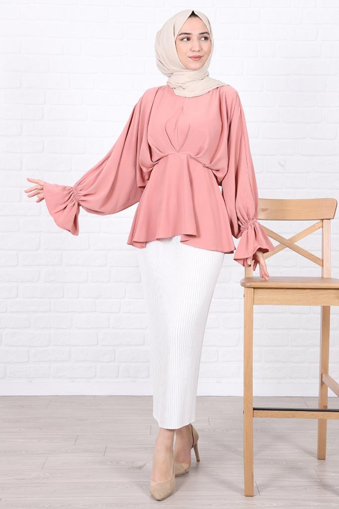 Yarasa Kol Detaylı Krep Bluz Pembe