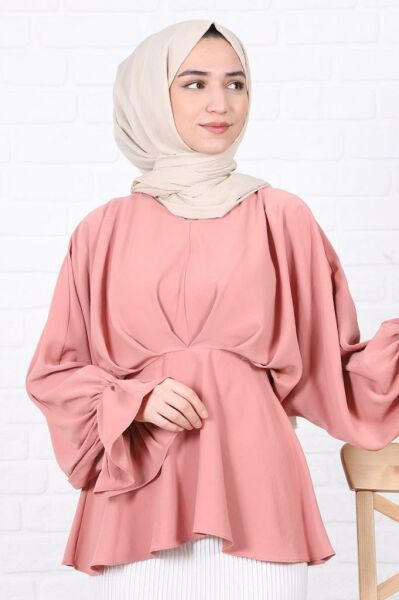 Yarasa Kol Detaylı Krep Bluz Pembe