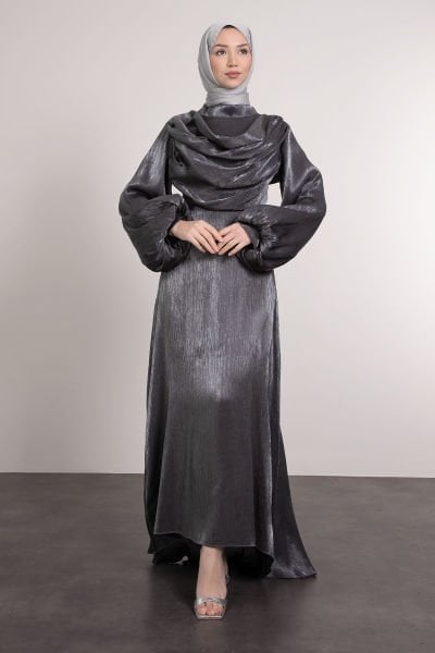 Önü Drape Detaylı Tesettür Abiye Füme