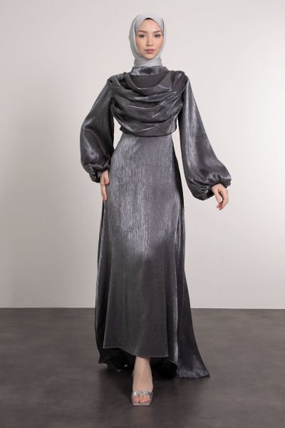 Önü Drape Detaylı Tesettür Abiye Füme
