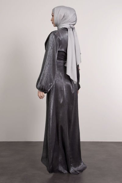 Önü Drape Detaylı Tesettür Abiye Füme