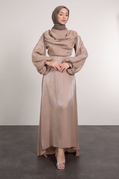 Önü Drape Detaylı Tesettür Abiye Vizon