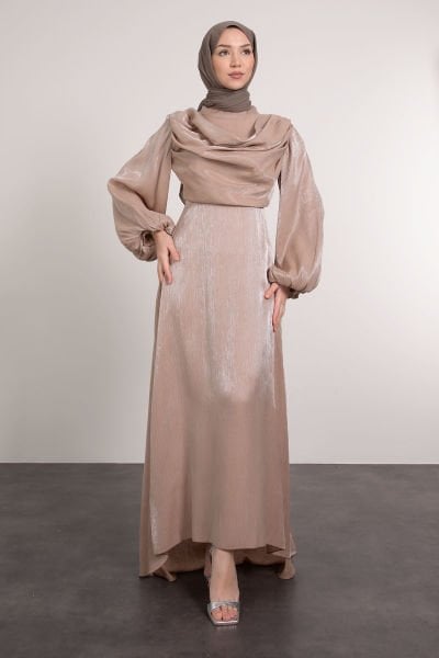Önü Drape Detaylı Tesettür Abiye Vizon