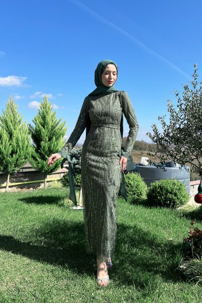 Çizgisel Dalgalı Payetli Tesettür Abiye Haki