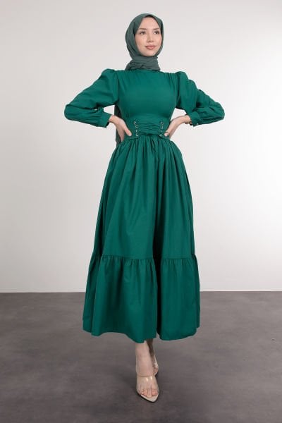 Beli Çapraz Bağcıklı Vintage Tesettür Elbise Zümrüt
