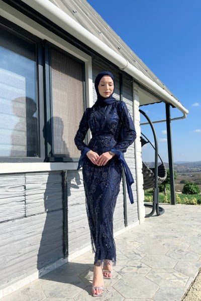 Çizgisel Dalgalı Payetli Tesettür Abiye Lacivert