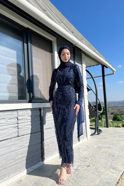 Çizgisel Dalgalı Payetli Tesettür Abiye Lacivert