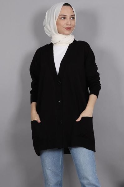 Önü Düğmeli Oversize Hırka Siyah