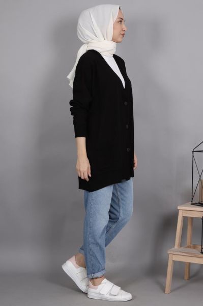 Önü Düğmeli Oversize Hırka Siyah