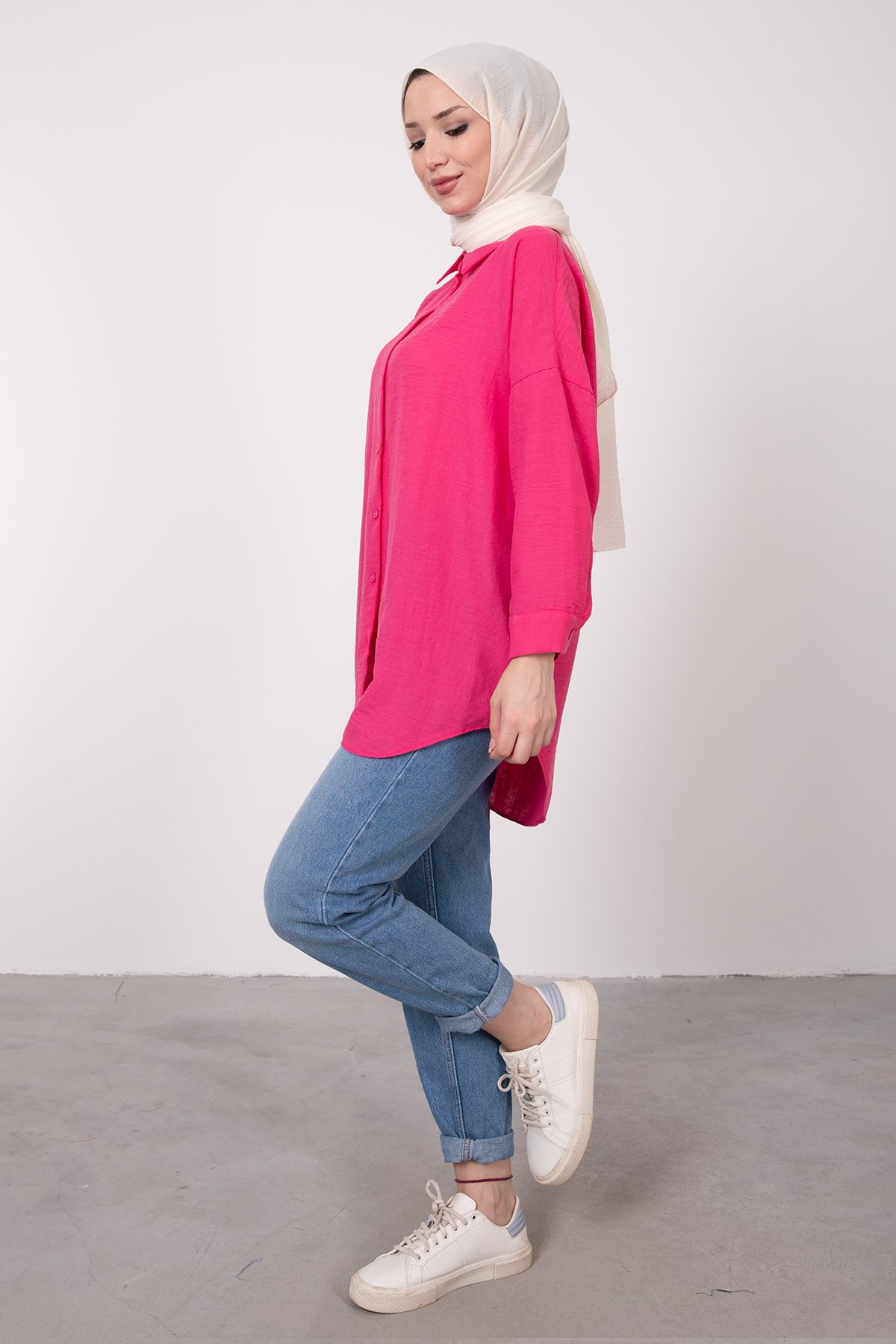 Keten Düğmeli Gömlek Tesettür Tunik Pembe