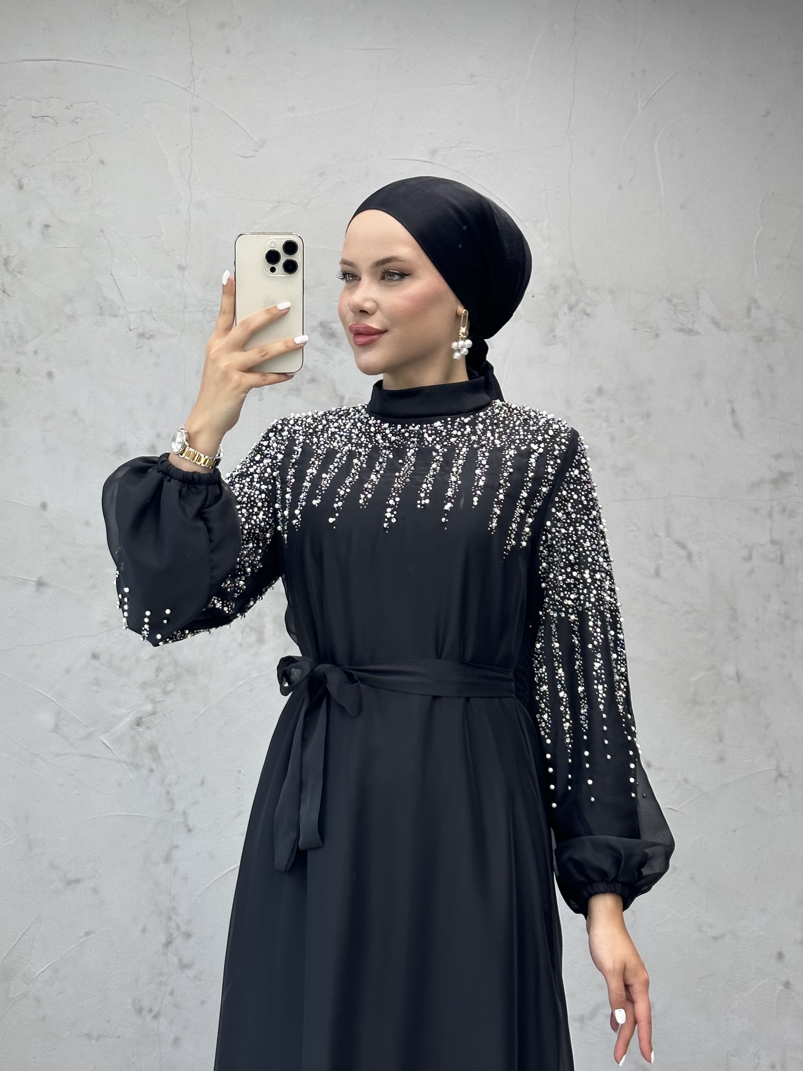 Mini İnci ve Taş İşlemeli Kat Etekli Tül Abiye Siyah