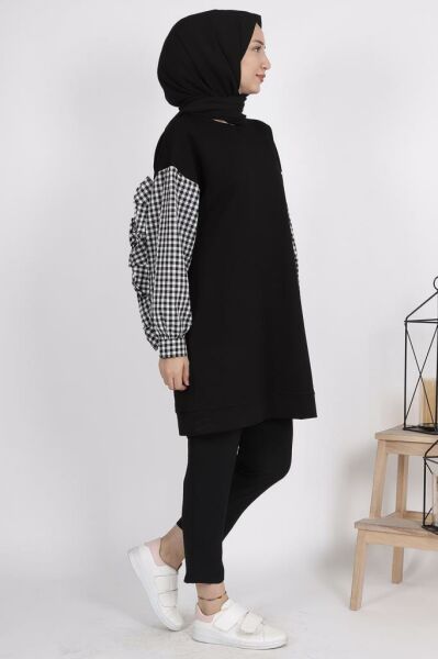Kolları Potikare Desenli Tunik Siyah