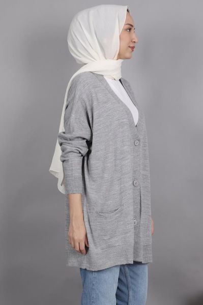 Önü Düğmeli Oversize Hırka Gri