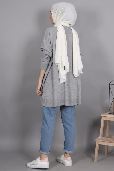 Önü Düğmeli Oversize Hırka Gri