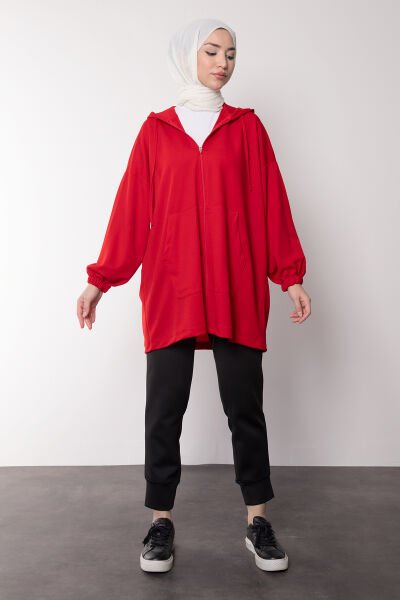 Oversize Kesim Kapüşonlu Fermuarlı Tesettür Tunik Kırmızı
