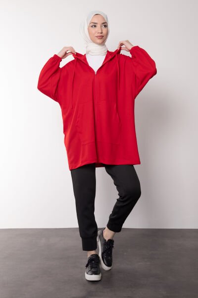 Oversize Kesim Kapüşonlu Fermuarlı Tesettür Tunik Kırmızı