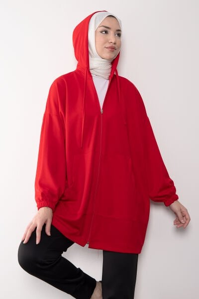 Oversize Kesim Kapüşonlu Fermuarlı Tesettür Tunik Kırmızı